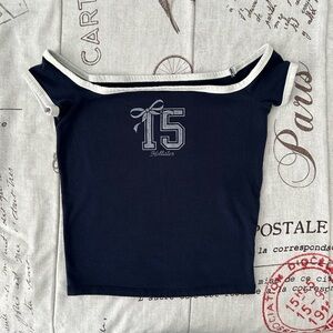 Hollister Navy Off the Shoulder Top with White Accents XS Extra Small